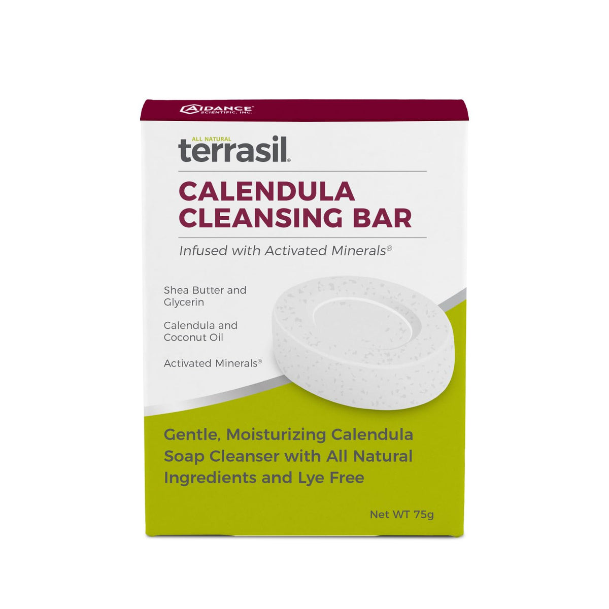 Terrasil Calendula Soap Bar packaging shows gentle, dermatologist-tested care for sensitive skin.