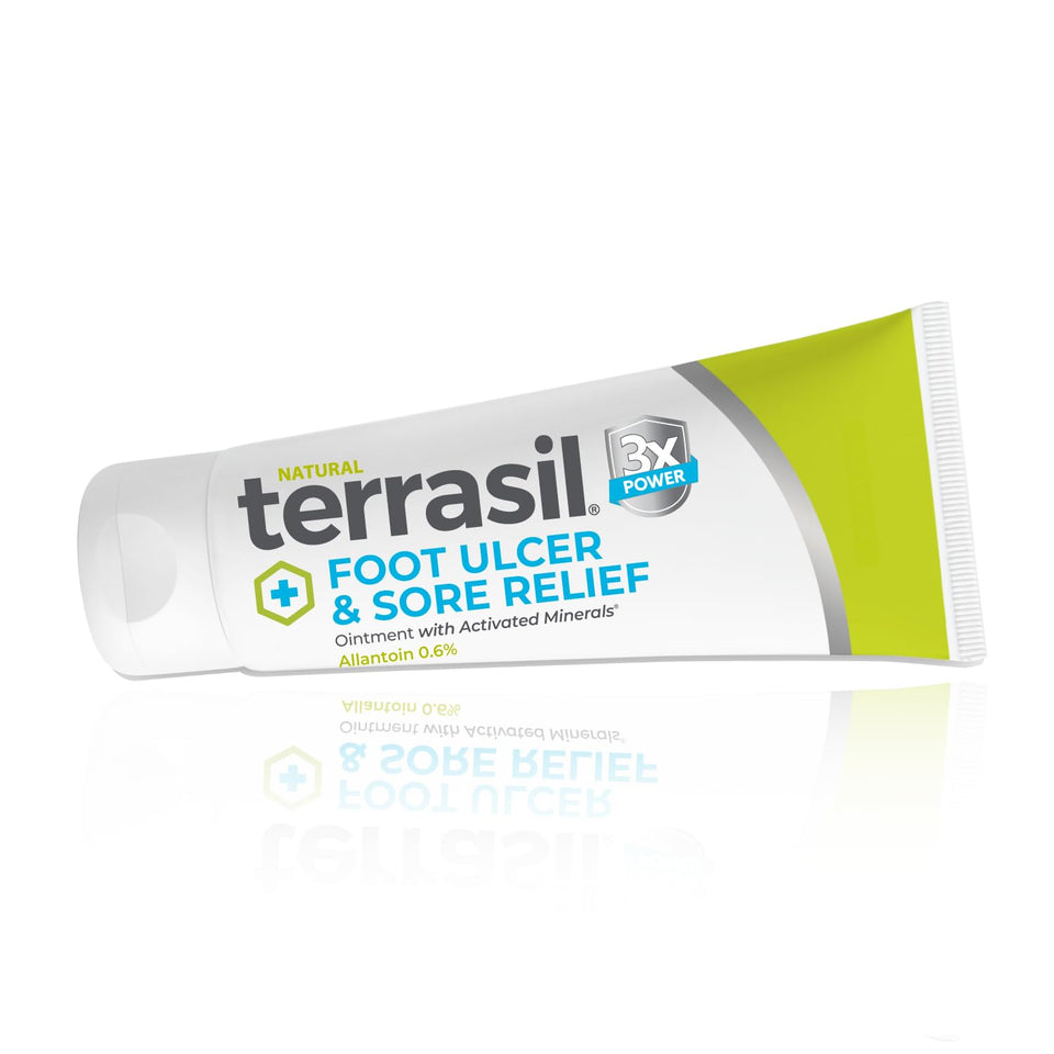 Terrasil foot ulcer cream bottle for daily foot care and comfort.
