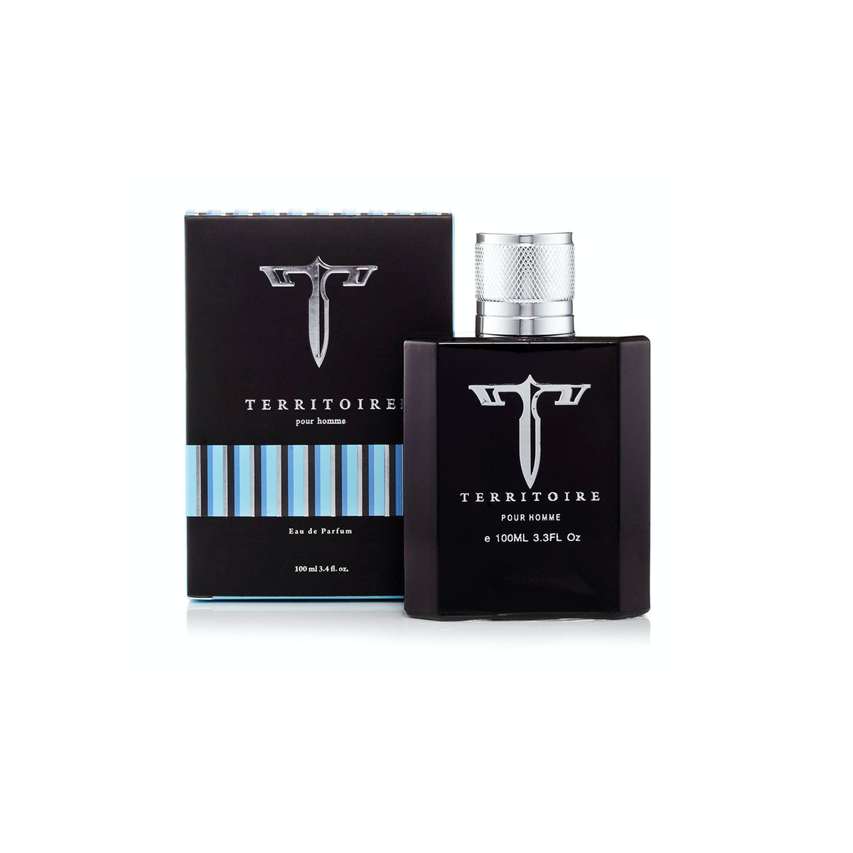 Territoire Blue bottle front view showcases bold masculine design for everyday confidence.