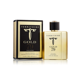 Territoire Gold 79 bottle front, masculine fragrance for evening wear
