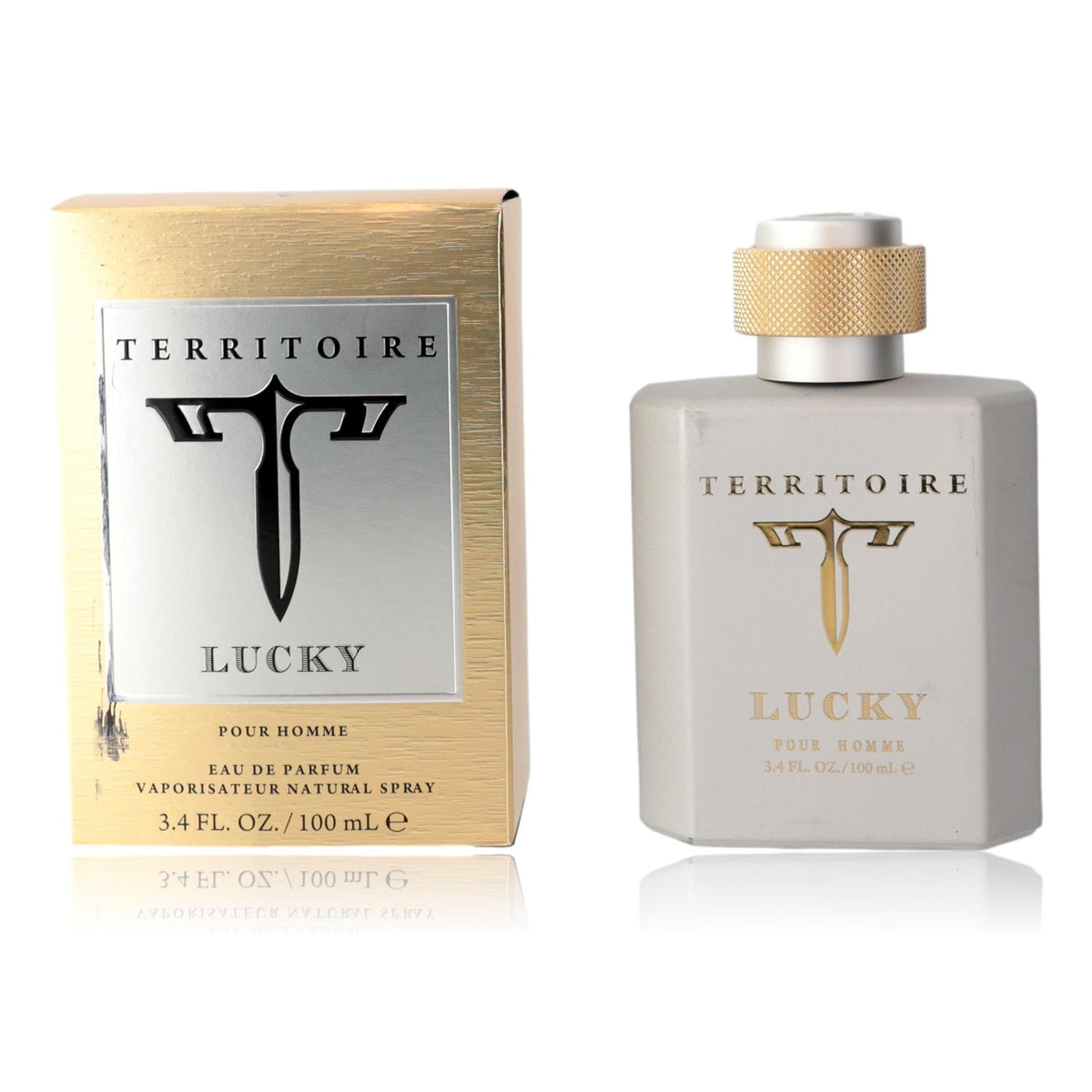 Territoire Lucky bottle front view shows a versatile men's fragrance for daily wear.