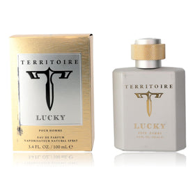 Territoire Lucky bottle front view shows a versatile men's fragrance for daily wear.