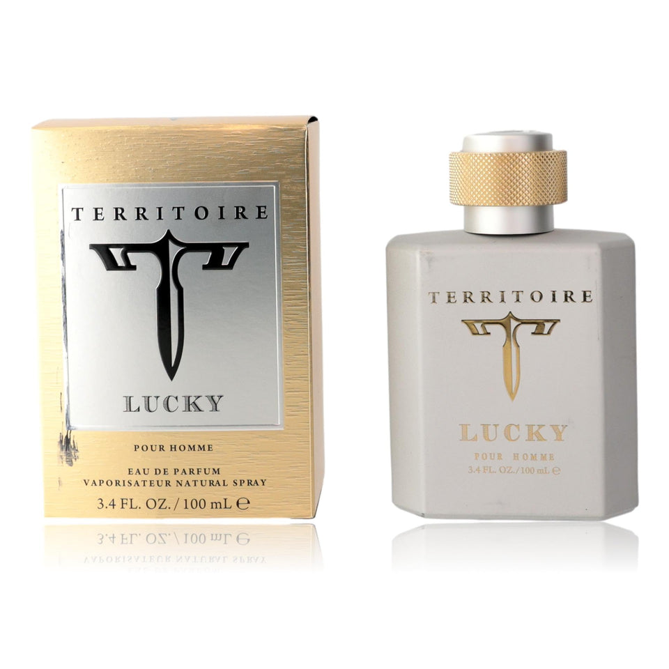 Territoire Lucky bottle front view shows a versatile men's fragrance for daily wear.