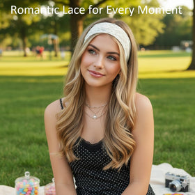 TERSE lace headband blue pairs with denim for casual flair.