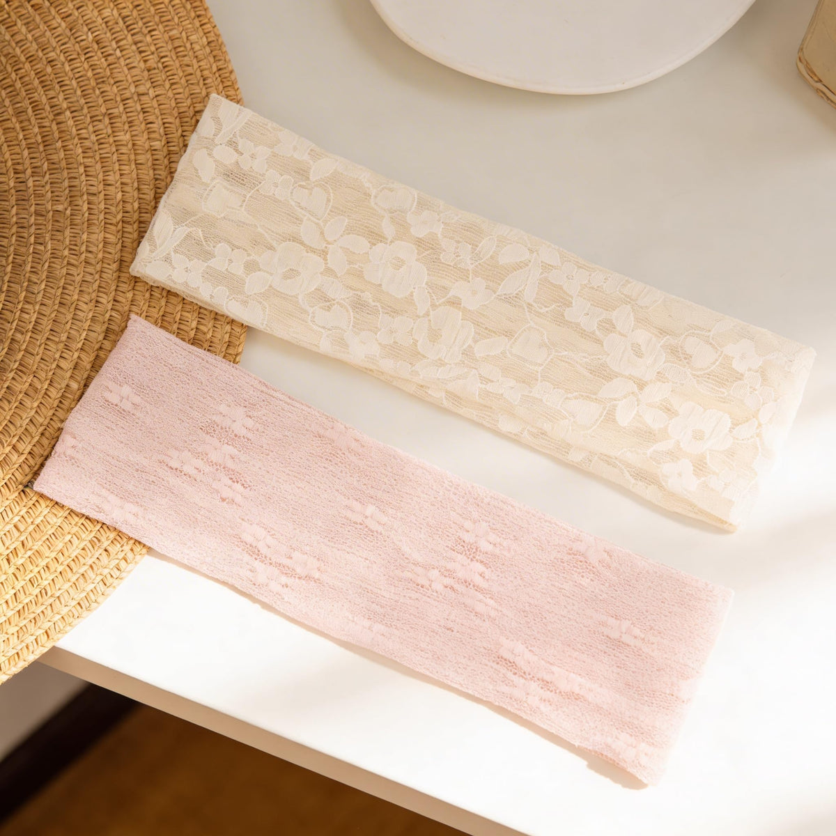 TERSE lace headband pink provides a soft spring color for stylish looks.