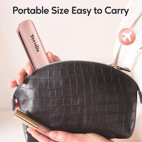 Terviiix cordless hair straightener travel-sized packs neatly in suitcase.