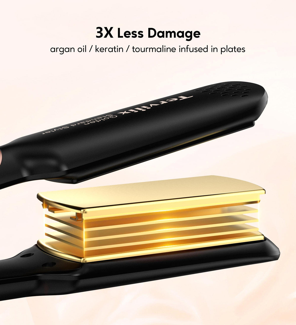 Terviiix flat iron ARC design prevents snagging for a smoother glide.