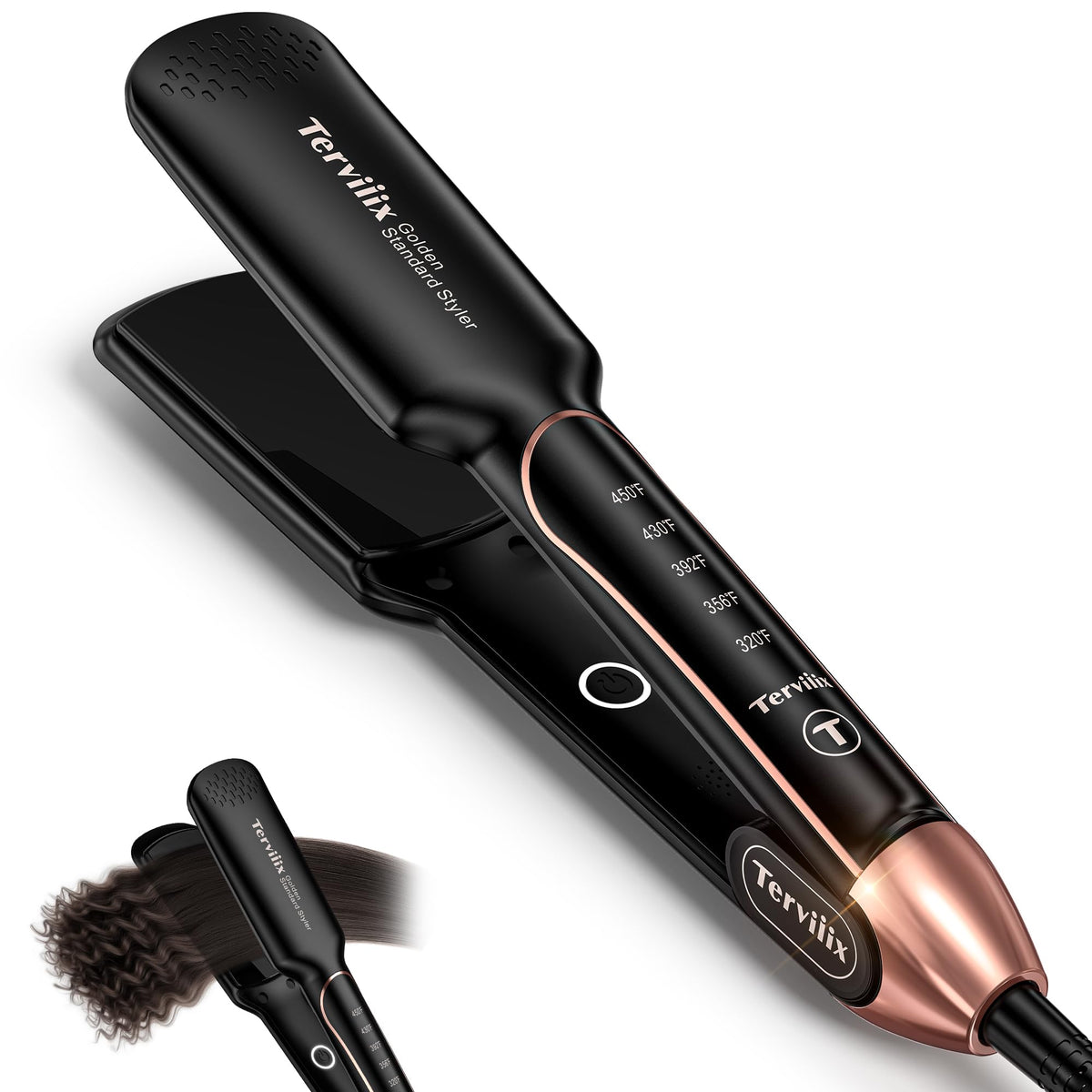 Terviiix flat iron with wide ceramic-tourmaline plates for smooth, frizz-free results.