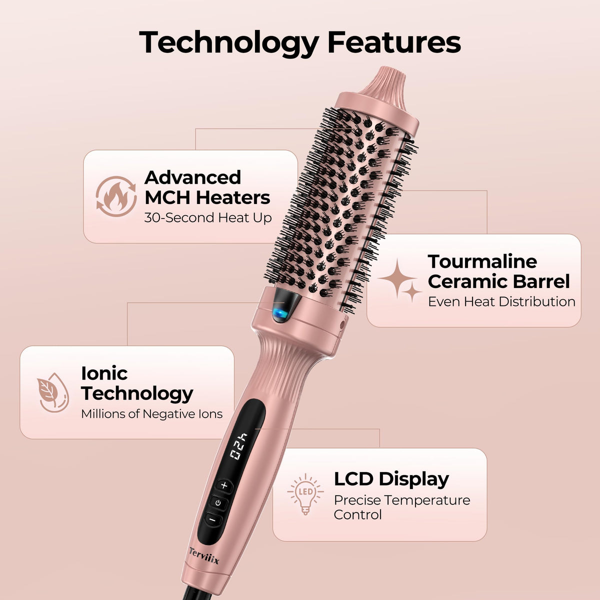 Terviiix cool-touch comb teeth gliding through hair for easy styling.
