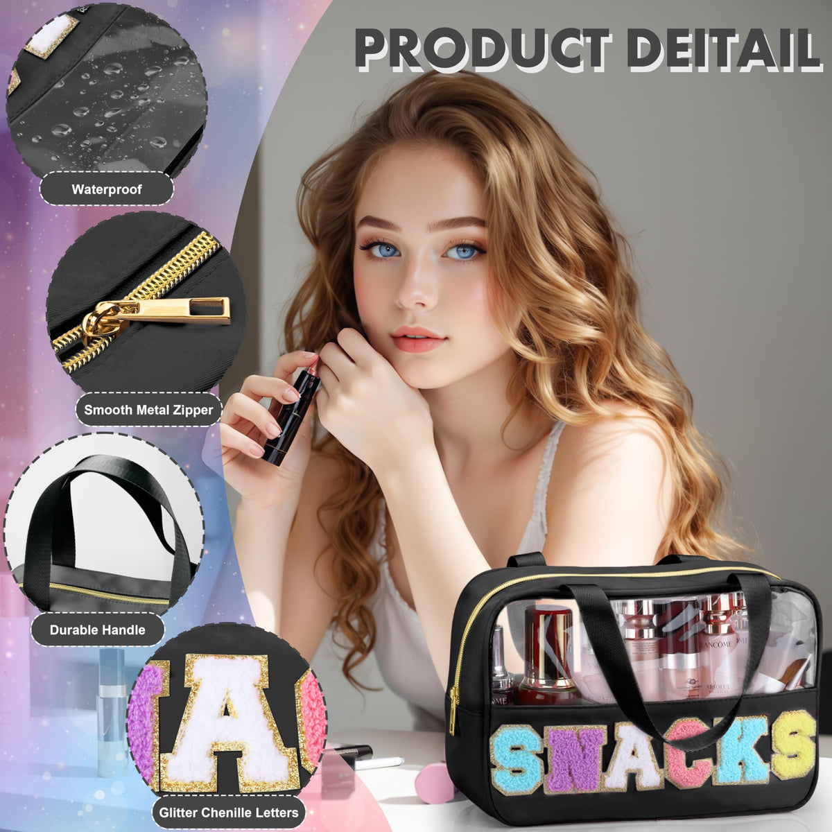TESAFNG large-capacity bag; stores cosmetics, snacks, and toiletries neatly.