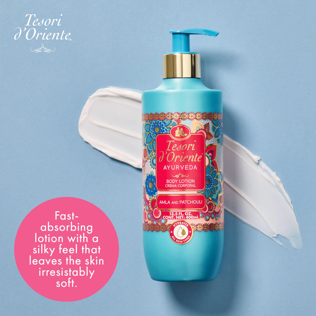 Fragrance close-up highlights citrus and patchouli notes in Tesori d’Oriente lotion.