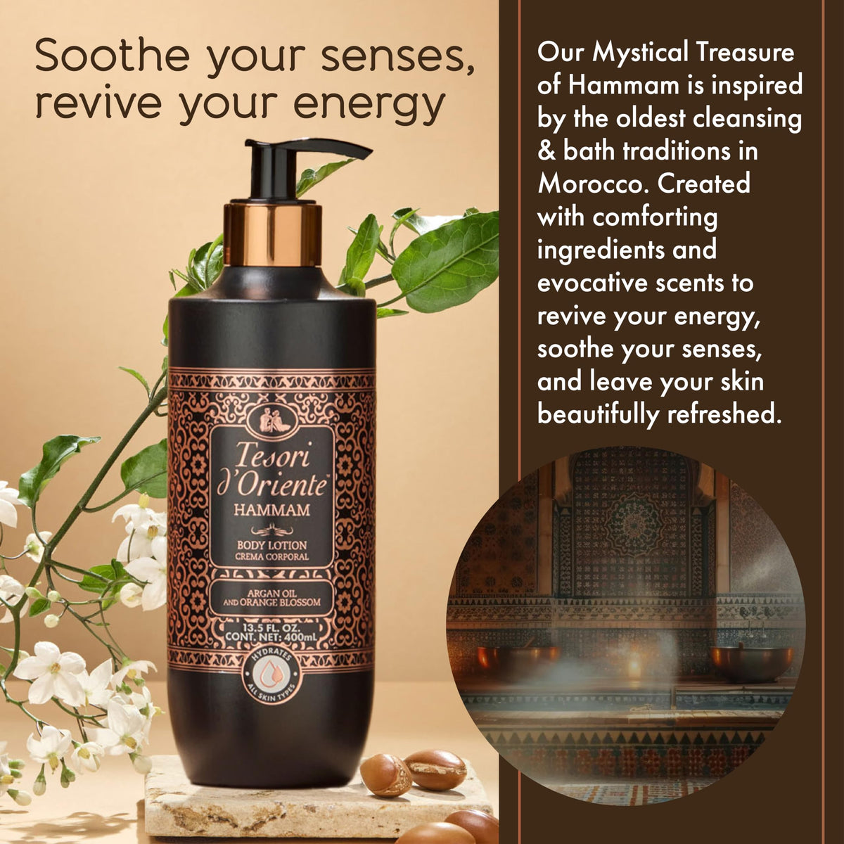 Hands applying Tesori d’Oriente Hammam Body Lotion to skin for massage
