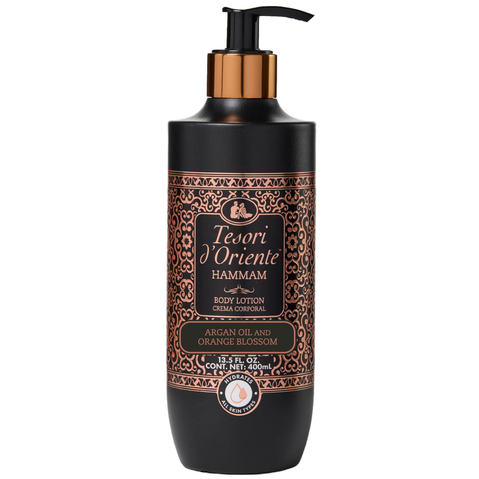 Tesori d’Oriente Hammam Body Lotion pump bottle delivering quick hydration with argan oil
