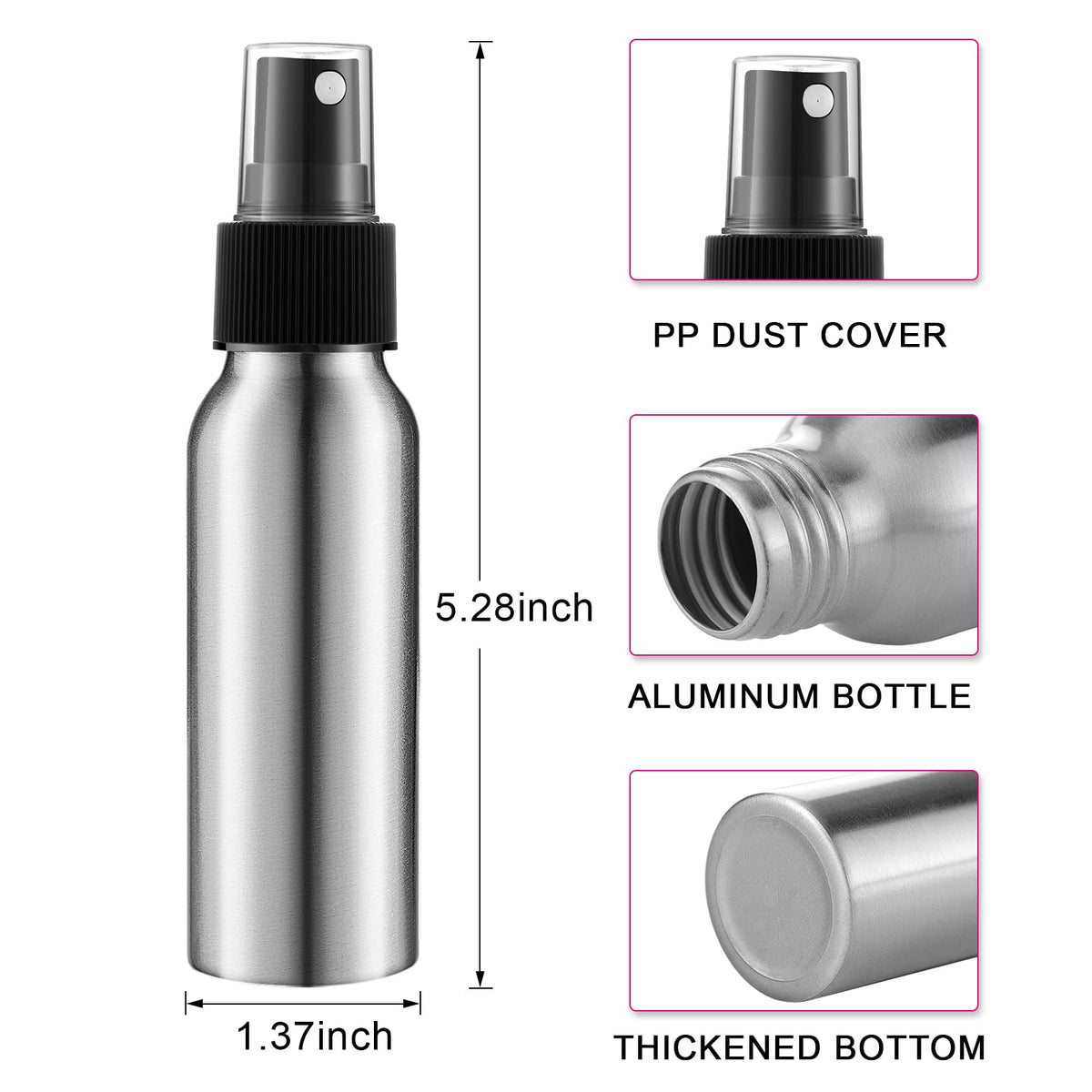 Tessco for you 2oz aluminum bottle cap provides secure spray for travel.