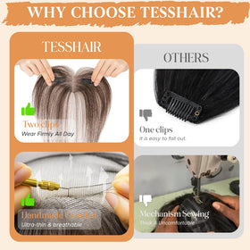 TESSHAIR clip-in bangs closeup showing lightweight design for comfort.