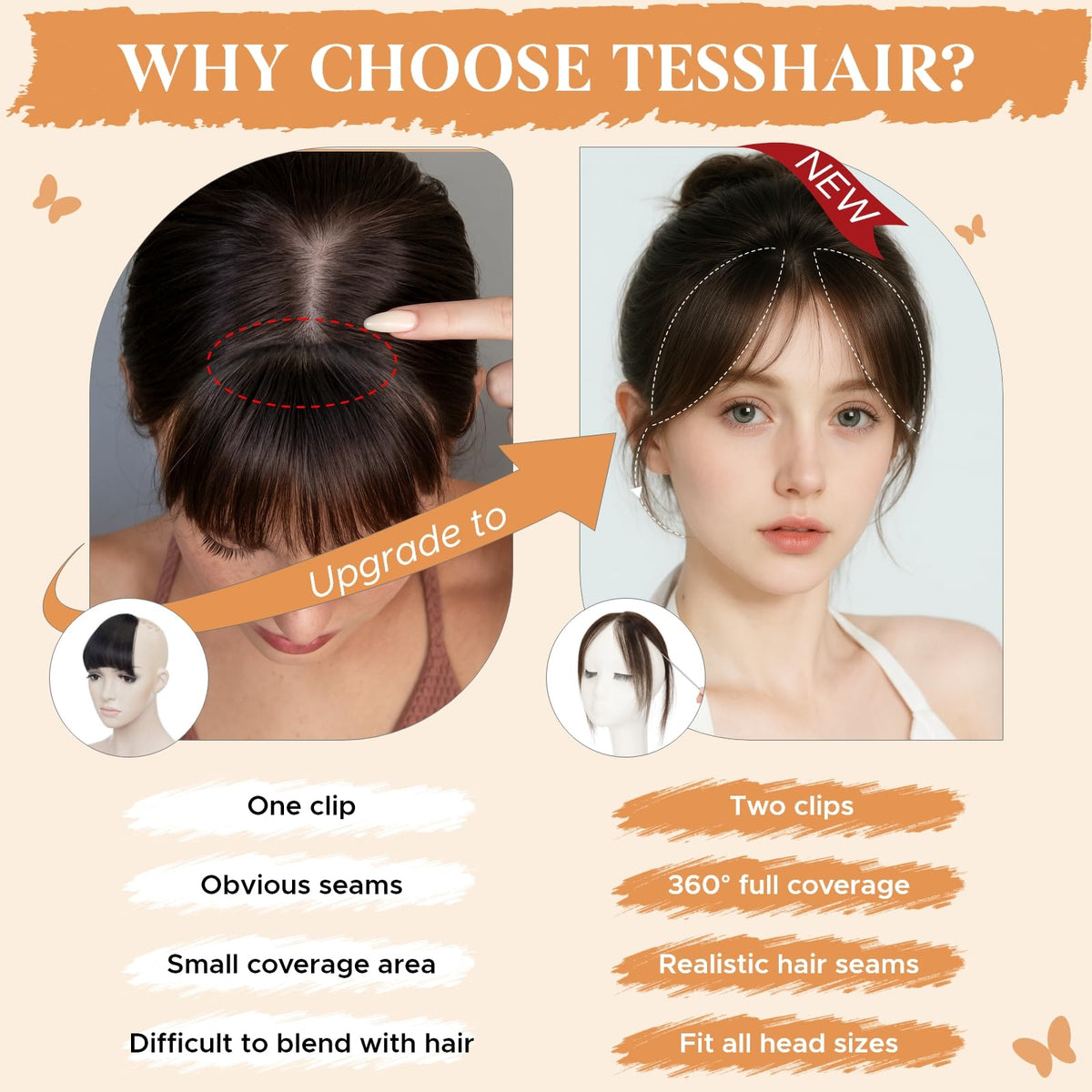 TESSHAIR bangs clip-in worn to demonstrate 360° seamless coverage.