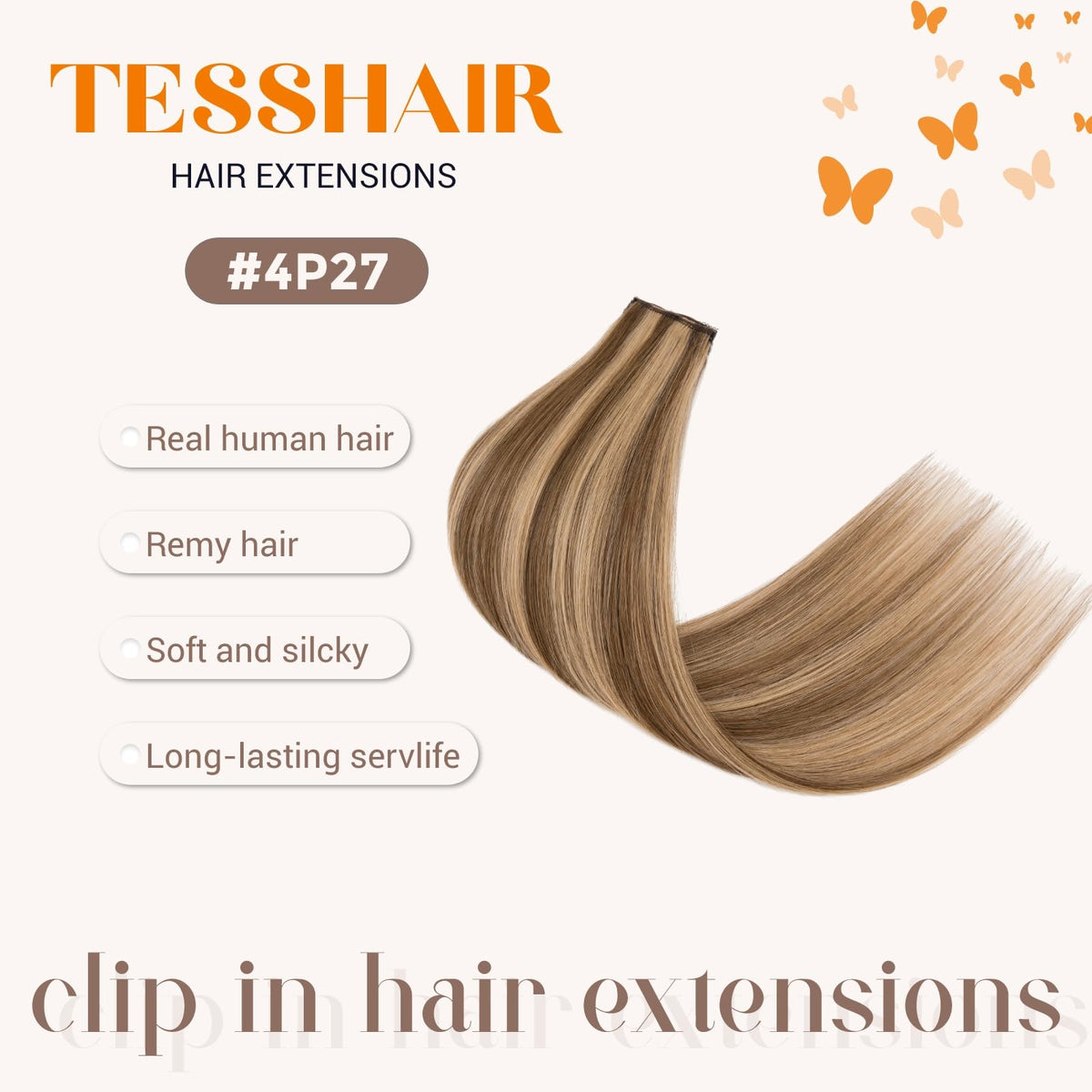TESSHAIR real human hair clip-ins look silky and blend with natural hair.