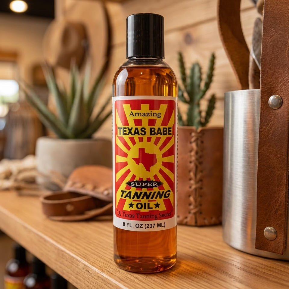 Texas Babe Tanning Oil Original bottle prepares skin for sun exposure with a lightweight feel.
