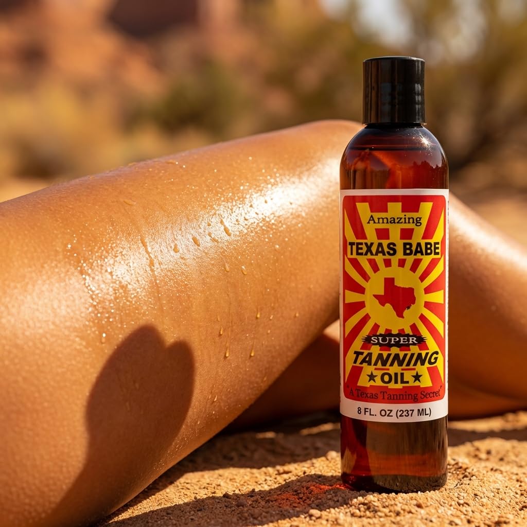 Texas Babe Tanning Oil Original packaging emphasizes made in Rockport, Texas craftsmanship.