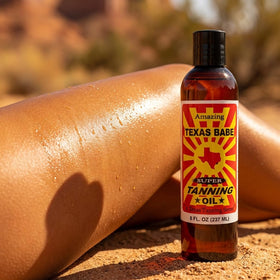 Texas Babe Tanning Oil Original packaging emphasizes made in Rockport, Texas craftsmanship.