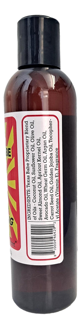 Texas Babe Tanning Oil Original being poured demonstrates smooth application for even coverage.