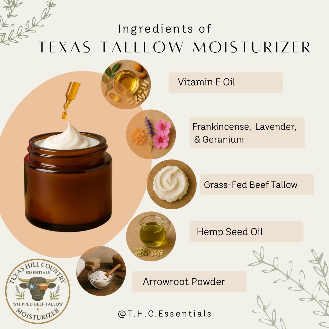Texas Hill Country Essentials Beef Tallow Moisturizer texture close-up shows creamy, whipped balm.