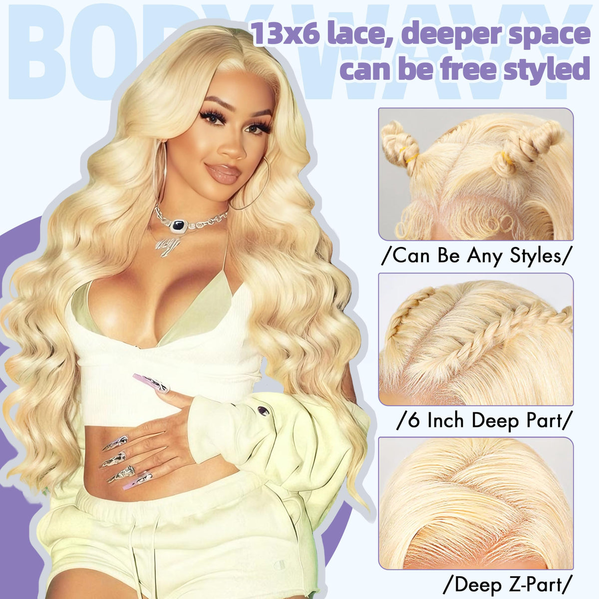 Texiora 32inch 613 lace front wig side part reveals seamless styling possibilities.