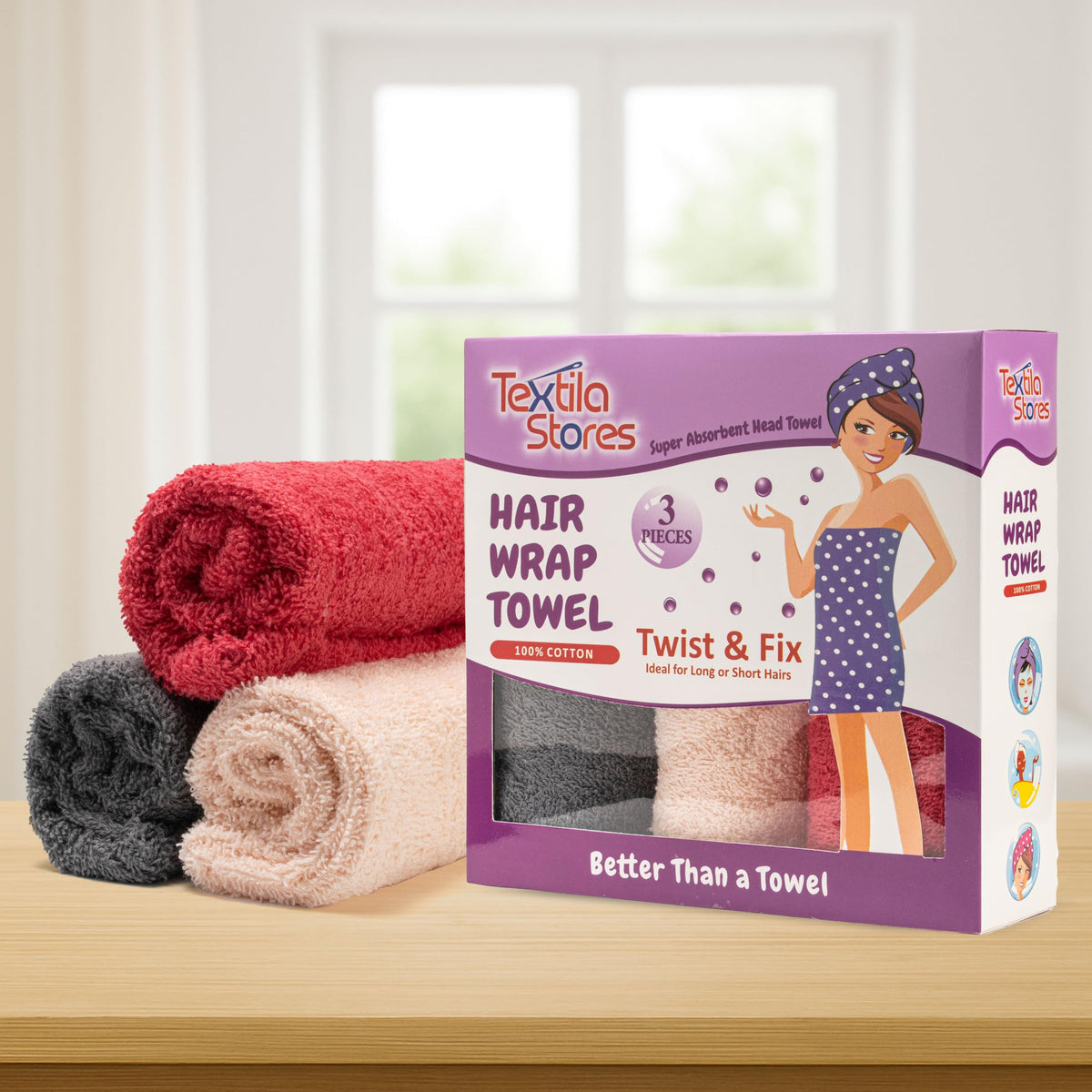 Textila Stores cotton hair wrap in pink for frizz reduction during air drying