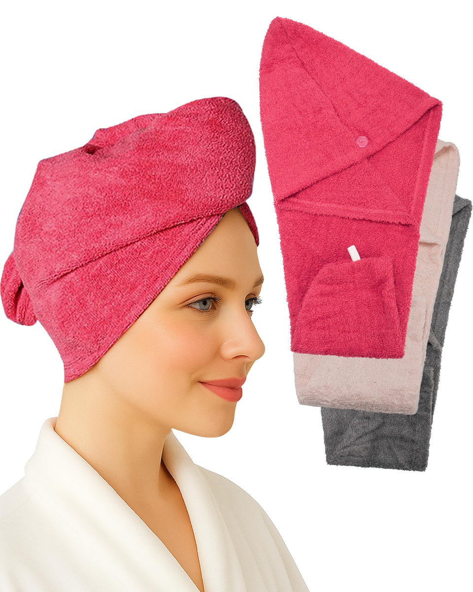 Textila Stores cotton hair wrap in raspberry for fast, gentle drying