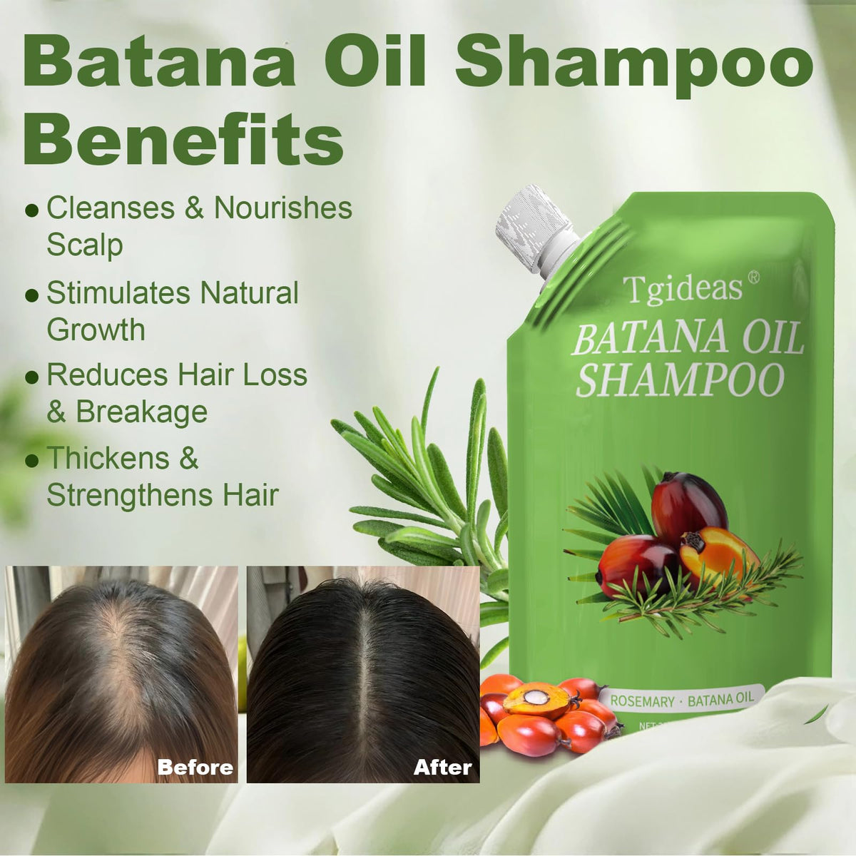 Tgideas Batana Oil Rosemary Shampoo label communicates paraben-free care for all hair types