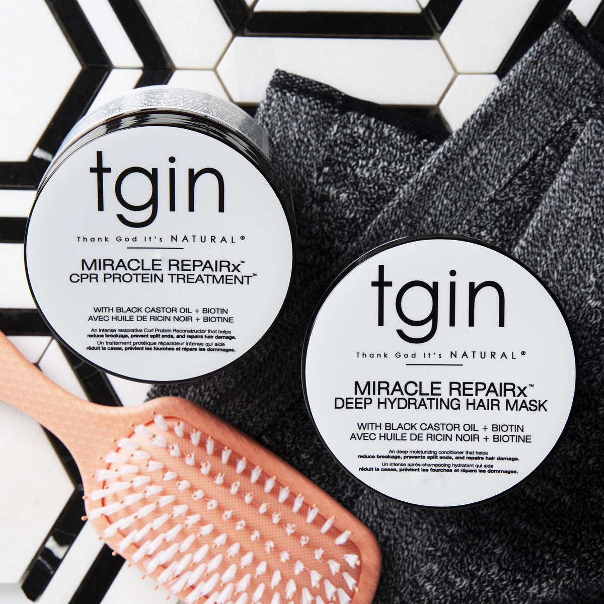 tgin Miracle RepairX mask application on curly hair for shine and softness.