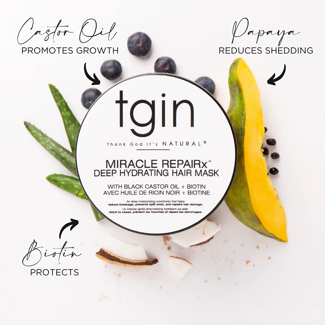 tgin Miracle RepairX deep hydrating mask tub showing biotin-infused hydration.