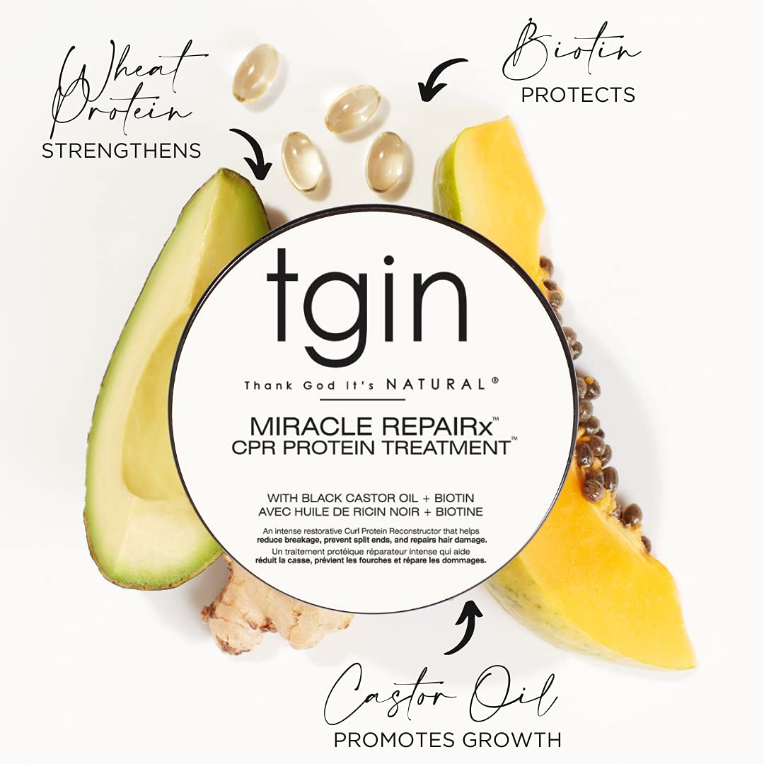 tgin Miracle RepairX protein treatment label close-up highlighting moisturizing scalp benefits.