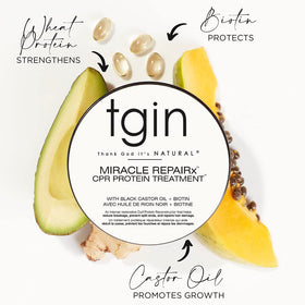 tgin Miracle RepairX protein treatment label close-up highlighting moisturizing scalp benefits.