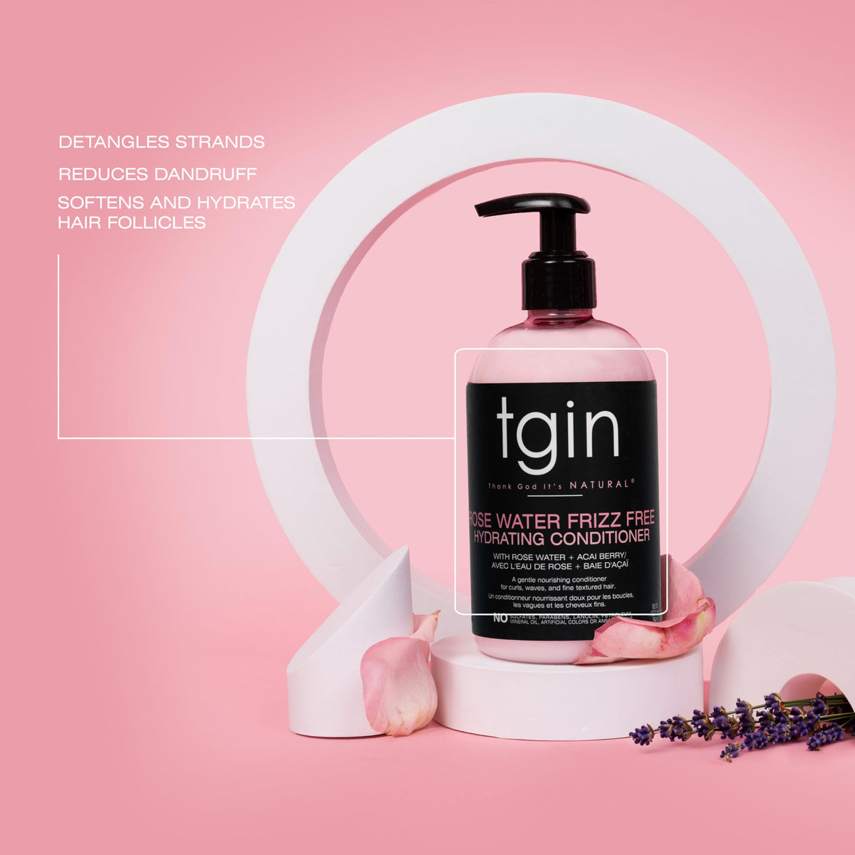 tgin Rose Water conditioner label highlights acai berry nourishing ingredients for curls.