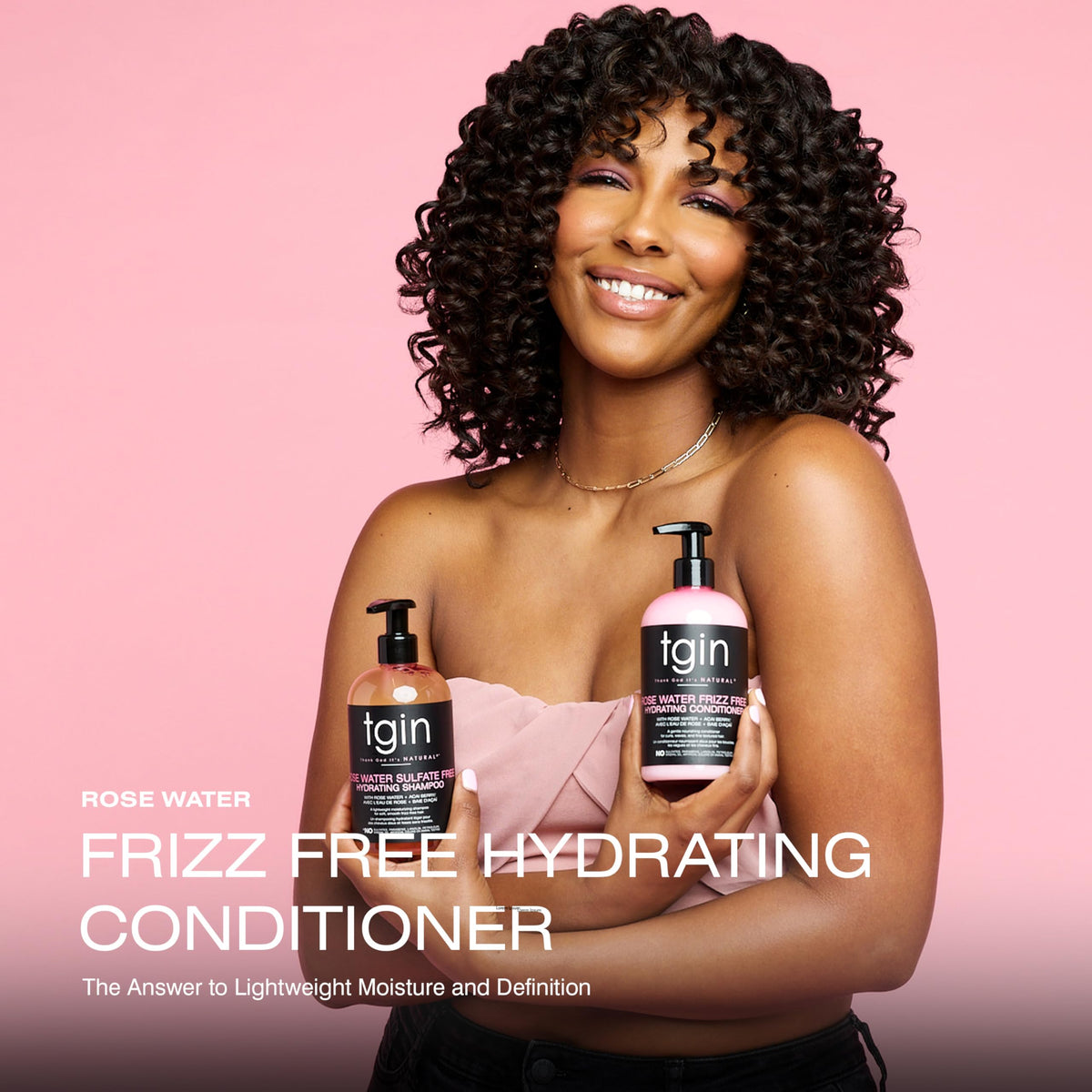 Close-up of tgin Rose Water Conditioner bottle showing detangling slip for curls.
