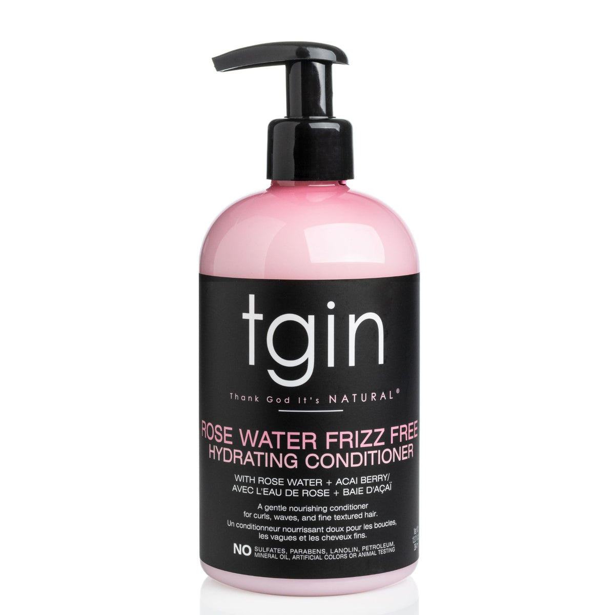 tgin Rose Water Frizz-Free Conditioner bottle for lightweight moisture and shine.