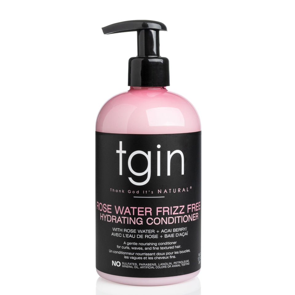 tgin Rose Water Frizz-Free Conditioner bottle for lightweight moisture and shine.