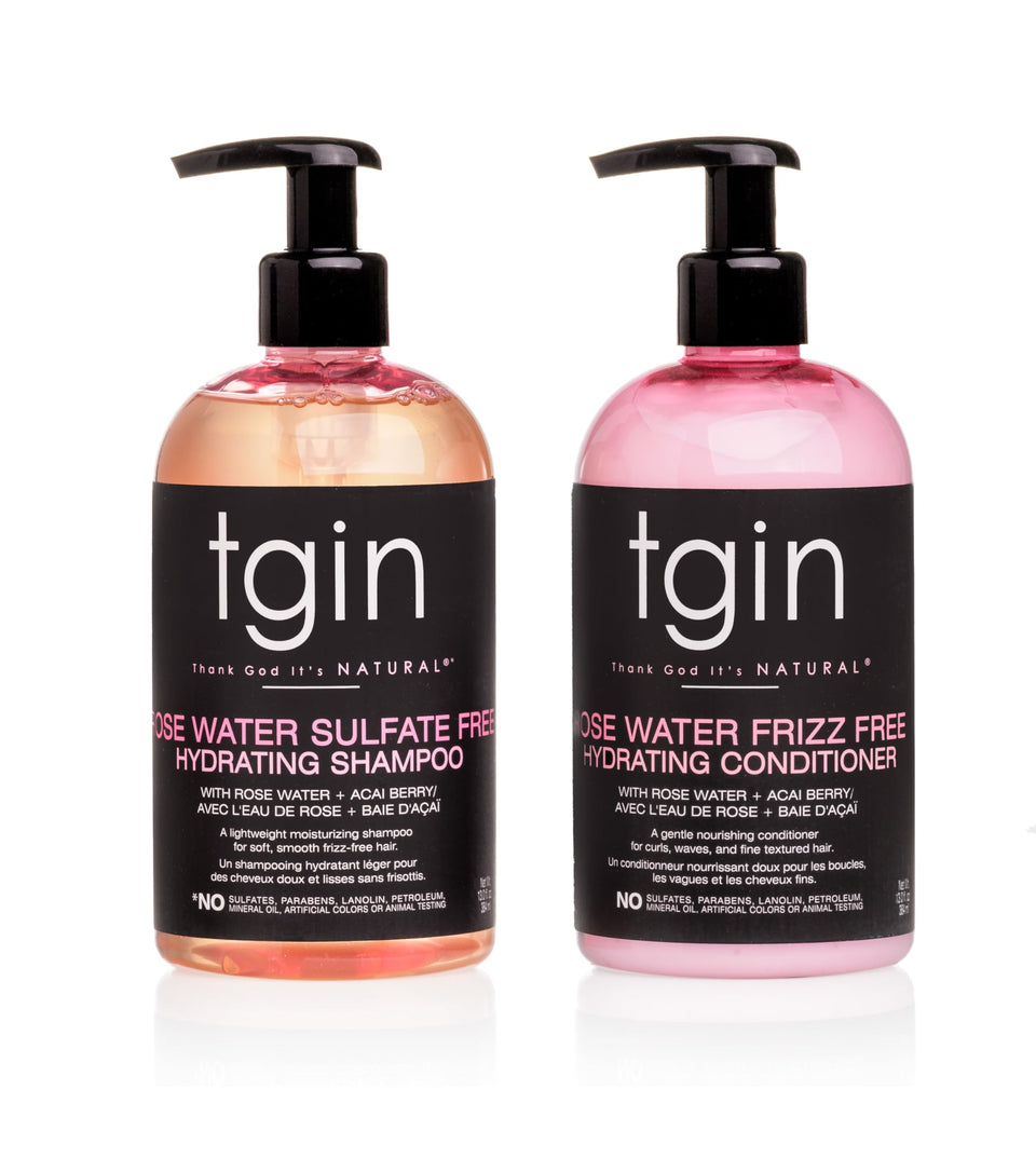 tgin rose water shampoo bottle showing frizz-free volume and hydration