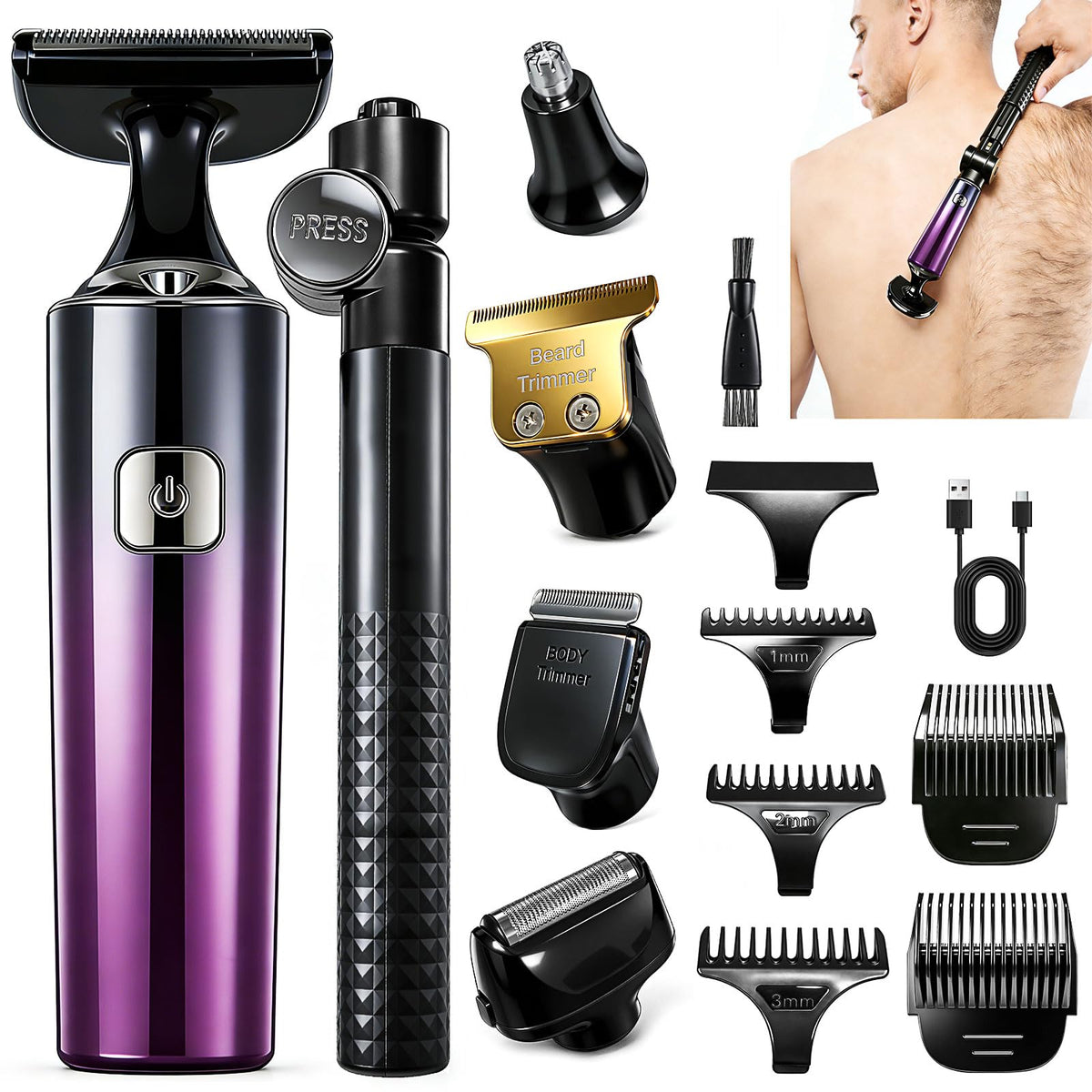 TGSBHIO 5-in-1 back trimmer showing reach and precision for hard-to-reach areas