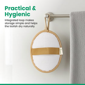Hang loop on Thalen loofah for quick drying and freshness