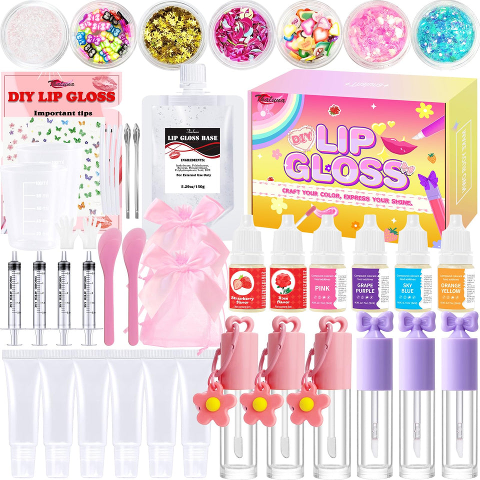 Thaluna lip gloss making kit packaging with contents for DIY at home