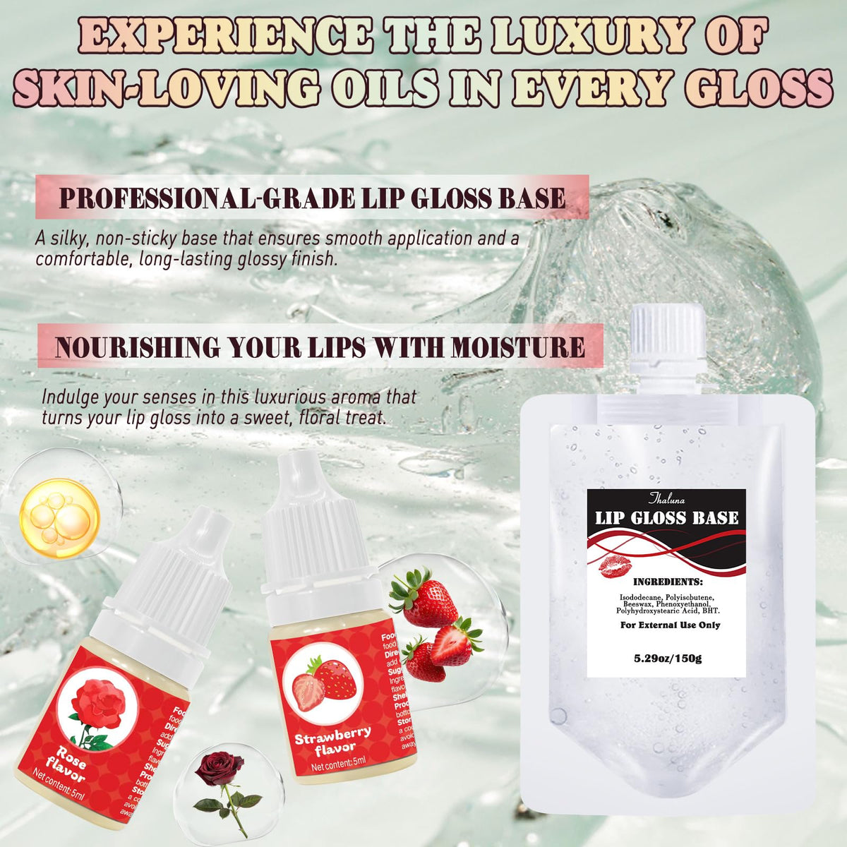 Thaluna lip gloss base and flavor oils for hydrating shine