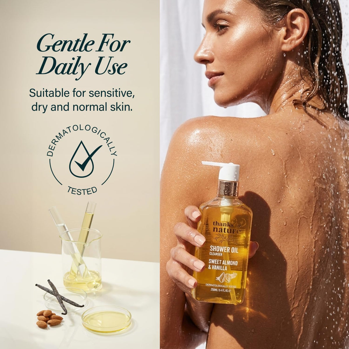 Thanks to Nature shower oil foaming on damp skin delivers light cleansing