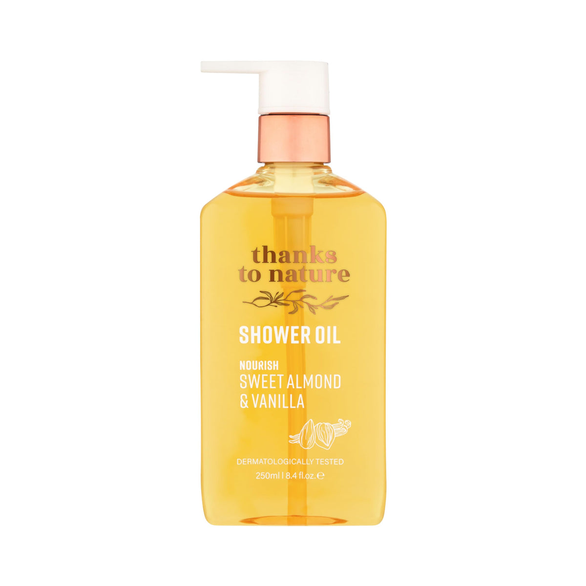 Thanks to Nature shower oil bottle with almond-vanilla scent for a gentle cleanse