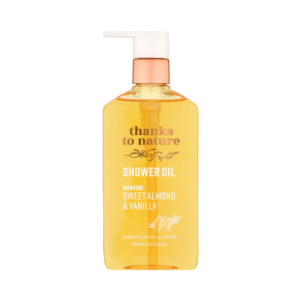 Thanks to Nature shower oil bottle with almond-vanilla scent for a gentle cleanse