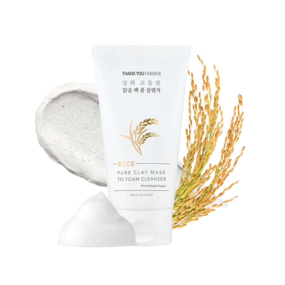 THANKYOU FARMER Rice Pure Clay Mask to Foam Cleanser bottle illustrating dual-action cleansing for pores.