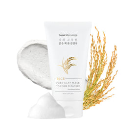 THANKYOU FARMER Rice Pure Clay Mask to Foam Cleanser bottle illustrating dual-action cleansing for pores.