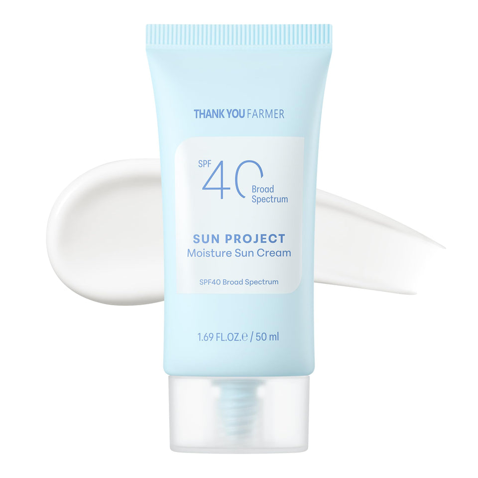 THANKYOU FARMER Sun Project Moisture Sun Cream bottle showing easy daily application and protection