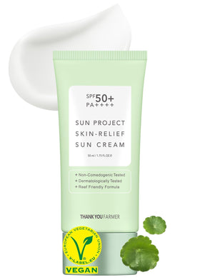 THANKYOU FARMER Sun Project Relief sunscreen bottle showing SPF50+ protection for daily use